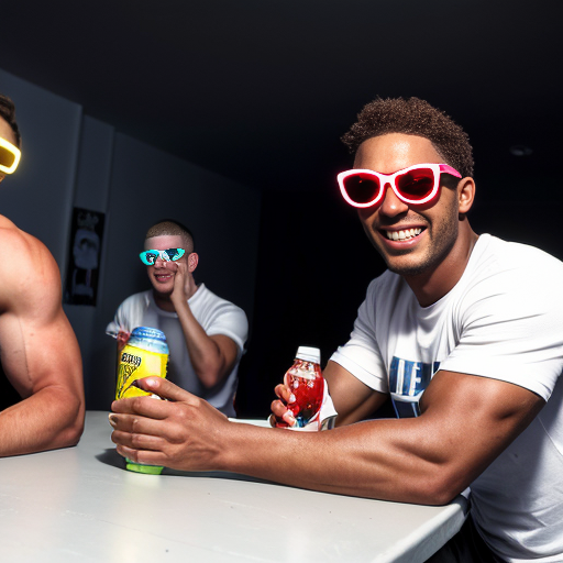 5 Jacked strong lean 20 year olds men wearing with bully clothes so cool and sunglasses and all of them are wearing white t shirt with dark blue jeans and they are all smiling and laughing in a dark room with party lights on (no one else in the room) (2010s color photo) (realistic photo with a slight shaky effect) and it looks like there is soda on the table. Some of them have buzzcuts and some of them look like david goggins (literally david goggins) and otjers just look normal