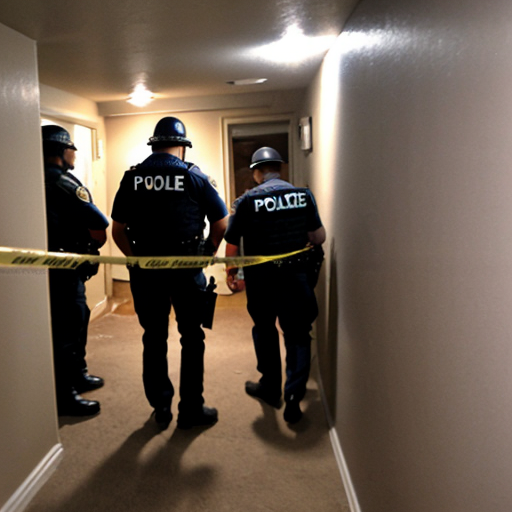 POLICE ENTERING BASEMENT, FLASHLIGHT SCANNING ROOM, CRIME SCENE TAPE