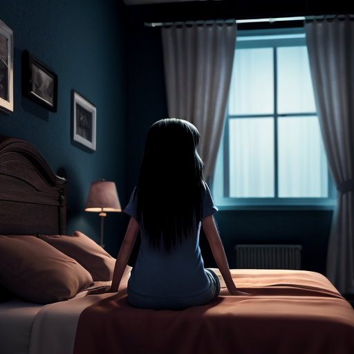 “3D Pixar-style animated horror scene, a cute young girl sleeping on a bed at night, long black hair on the pillow, a creepy pale ghost hand slowly touching her hair from behind, the girl opening her eyes with a shocked and scared expression, dark bedroom, blue moonlight coming through the window, spooky shadows on the wall, cinematic dramatic lighting, suspenseful horror atmosphere, ultra detailed, high quality, vibrant 3D animated movie style, expressive face, depth of field, dramatic camera angle, YouTube viral thumbnail composition.”