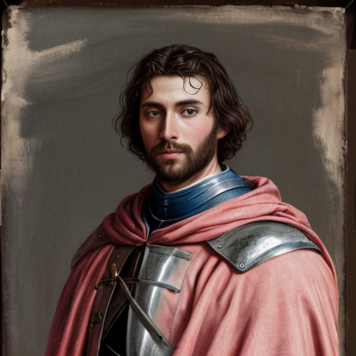 a weathered painting of a handsome knight, he is wearing a pink cloak with black spots