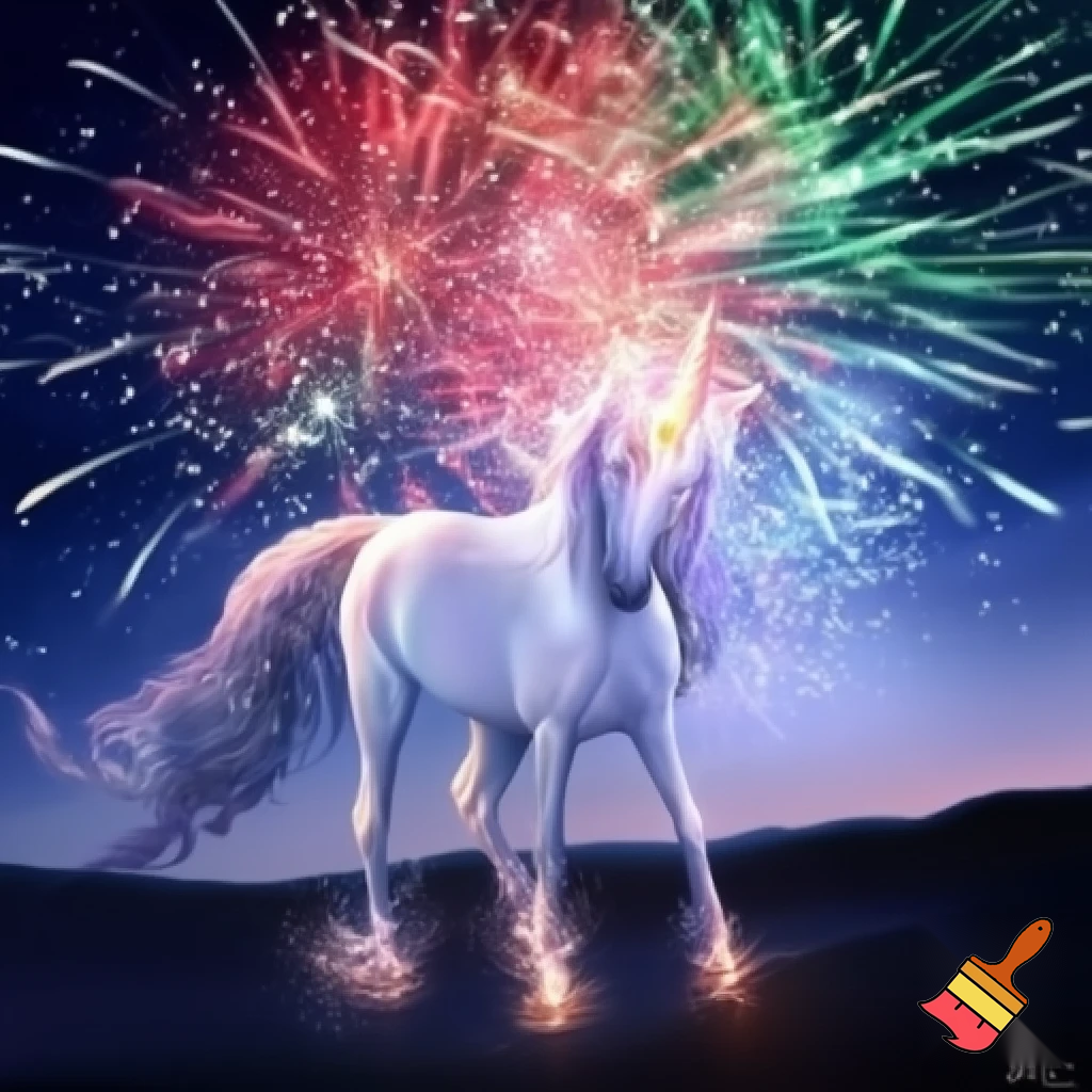 unicorno sotto fuochi d'artificio
