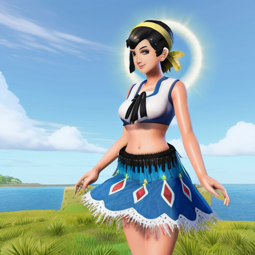 Lana from Pokemon Sun and Moon outfit otea tahiti  in  grass skirt  bleu and tassel   bleu sky 