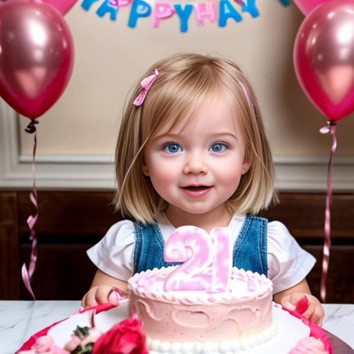create a 2 year old daughter with blonde hair with blue eyes in pink on her birthday in front of a cake at a house 