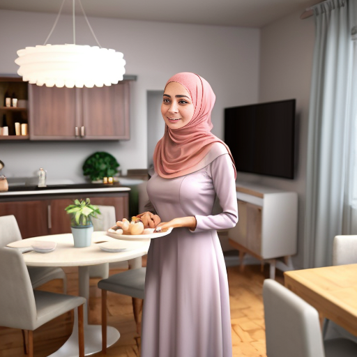 Pixar-style 3D cartoon, Muslim woman, 50 years old, fully covered, headscarf covering all hair, modest appearance, wide flowing pink dress, standing in a modern living/dining room, placing plates on the table, preparing food to eat, medium-class interior, neutral colors, simple furniture, cozy atmosphere, bright friendly lighting, simple cartoon style