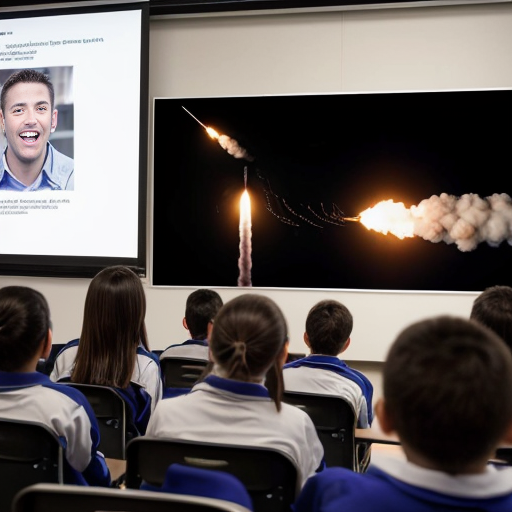 
•	The speaker begins 
•	He points toward the students sitting in front of him and smiles.
•	A large screen behind him shows images of rockets launching and students studying in classrooms.
•	The audience begins clapping 
