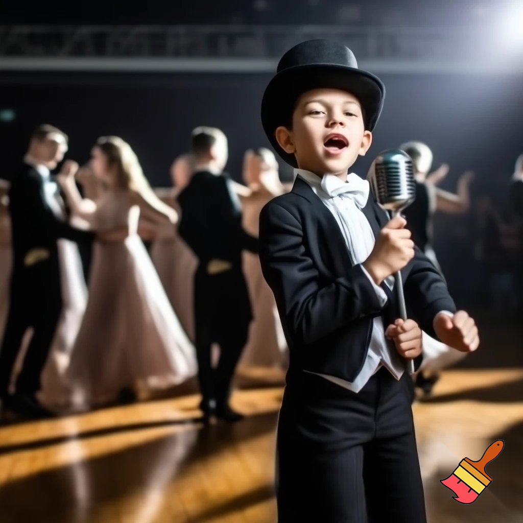 Preteen Boy in Top Hat White Bowtie Black Tailcoat Black Shoes Singing in Microphone on a big Stage. Behind him Ballroom Dance Kid Couples Dancing, the Boys in formal stylish Tailcoats, the Girls in beautiful Ballroom Gowns