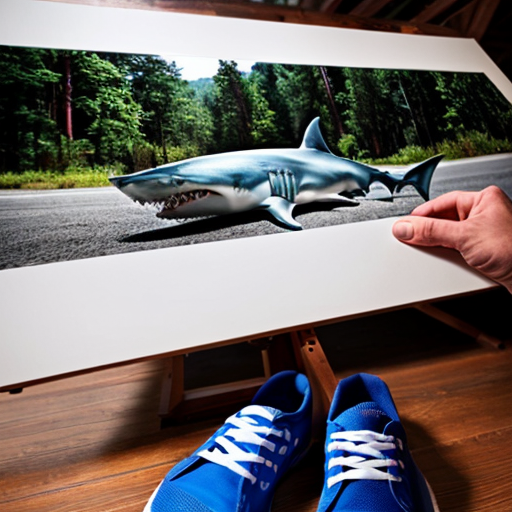 Make a shark with blue jordans in a big wood cabin called "The Tung tung Inn"