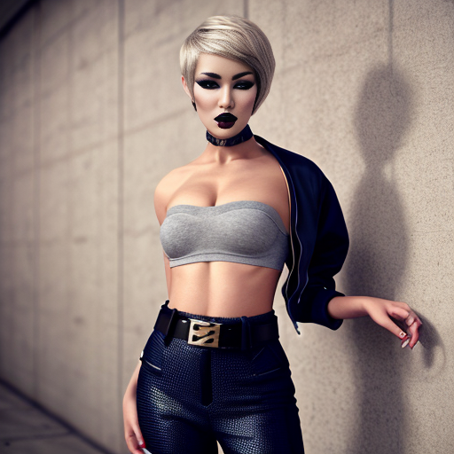 Attractive woman with an ash blonde pixie cut and a slim build wearing bold makeup wearing a cropped jacket, a bandeau top, cigarette pants with a belt and peep toe chunky heels 