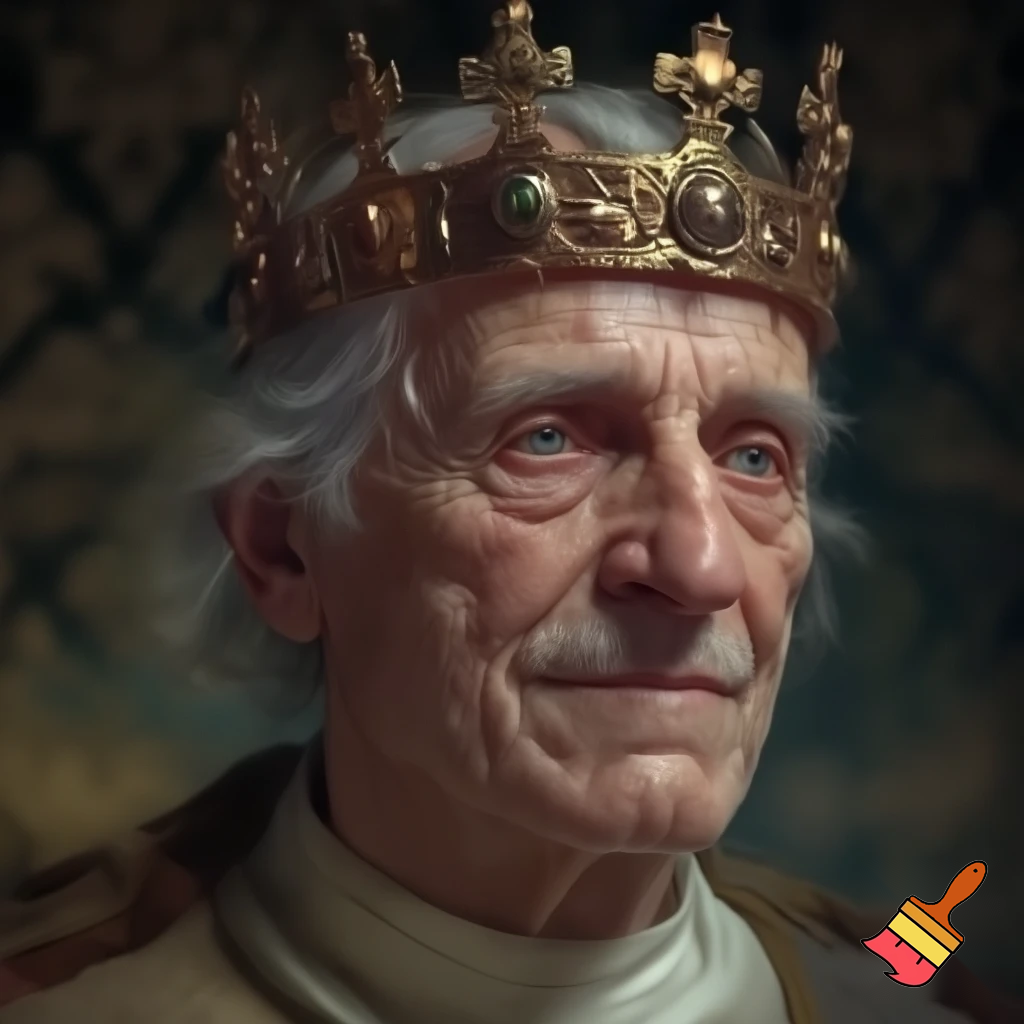 draw me a portrait of a 67 person in real life with a crown on him