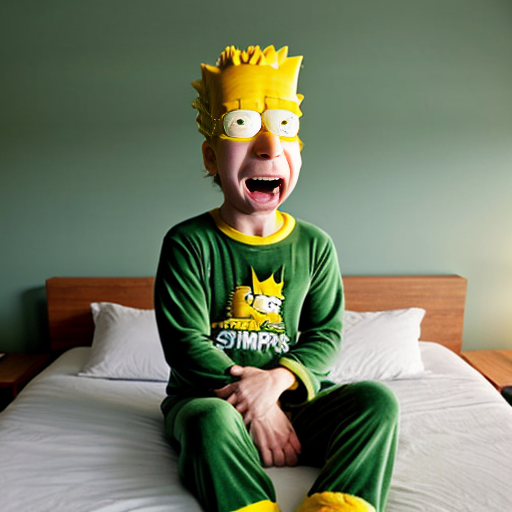 Bart Simpson in warm green pajamas win a bedroom Simpsons style 