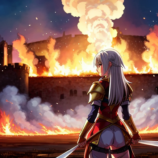 young, tall, white-haired woman in armor stands in front of a burning castle into which meteorites are falling.