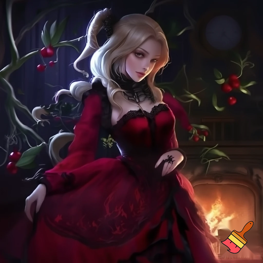 Blonde girl wearing a christmas dress in gothic style