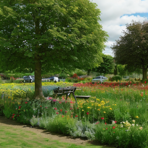 A park with a flower field the shop Morrisons a green frizzbee  and a big red leaved tree and a small flower garden 
