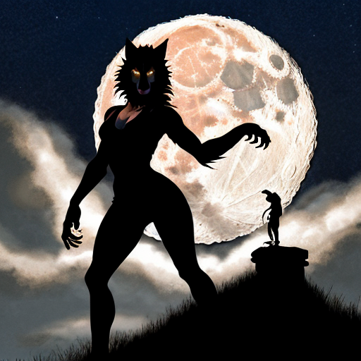athletic female werewolf shifter. standing in front of the moon. dynamic pose. high quality. in the style of dungeons and dragons.