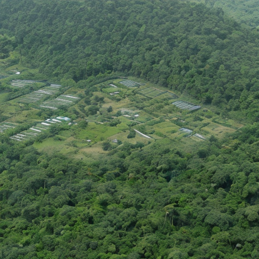 rain forest with a village and solar panels

