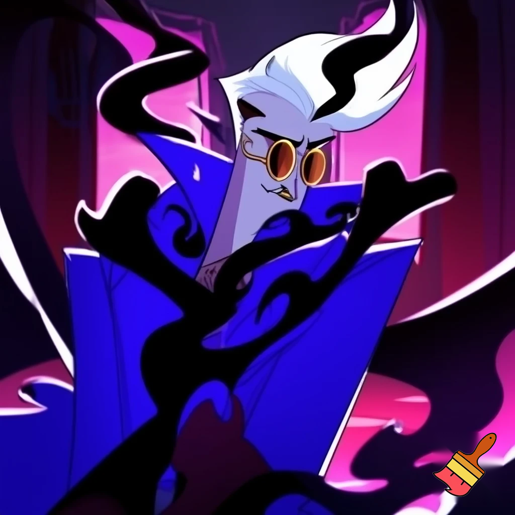 A tall, lean pale man with white hair, distinctive round brass glasses he has a stern look on his face. his face In cartoonish art style of hazbin hotel wearing his signature blue overcoat with black sinister smoke curling around him