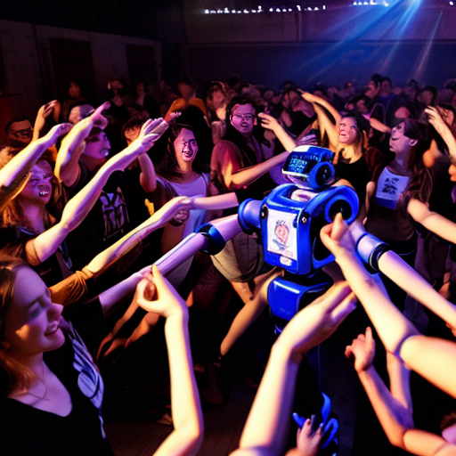 the graduate party with a big group of college students mingles in a group of robots with "AI' name on the body. all of them dance together in the party, cheerfully. under the lights of party with old exam papers everywhere
