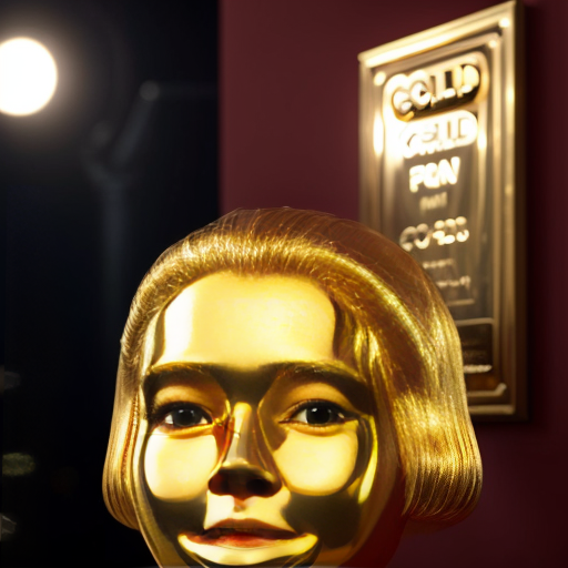 the emotion proud one person gold holding trophy Pixar cartoon style gold skin  happy pretty  gold face inside out movie gold everything orange