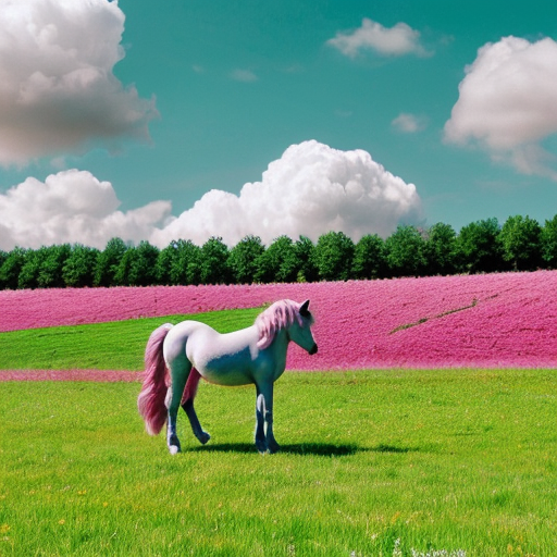 Beautiful pink pony with blue sky and cloud in a green meadow with flowers
