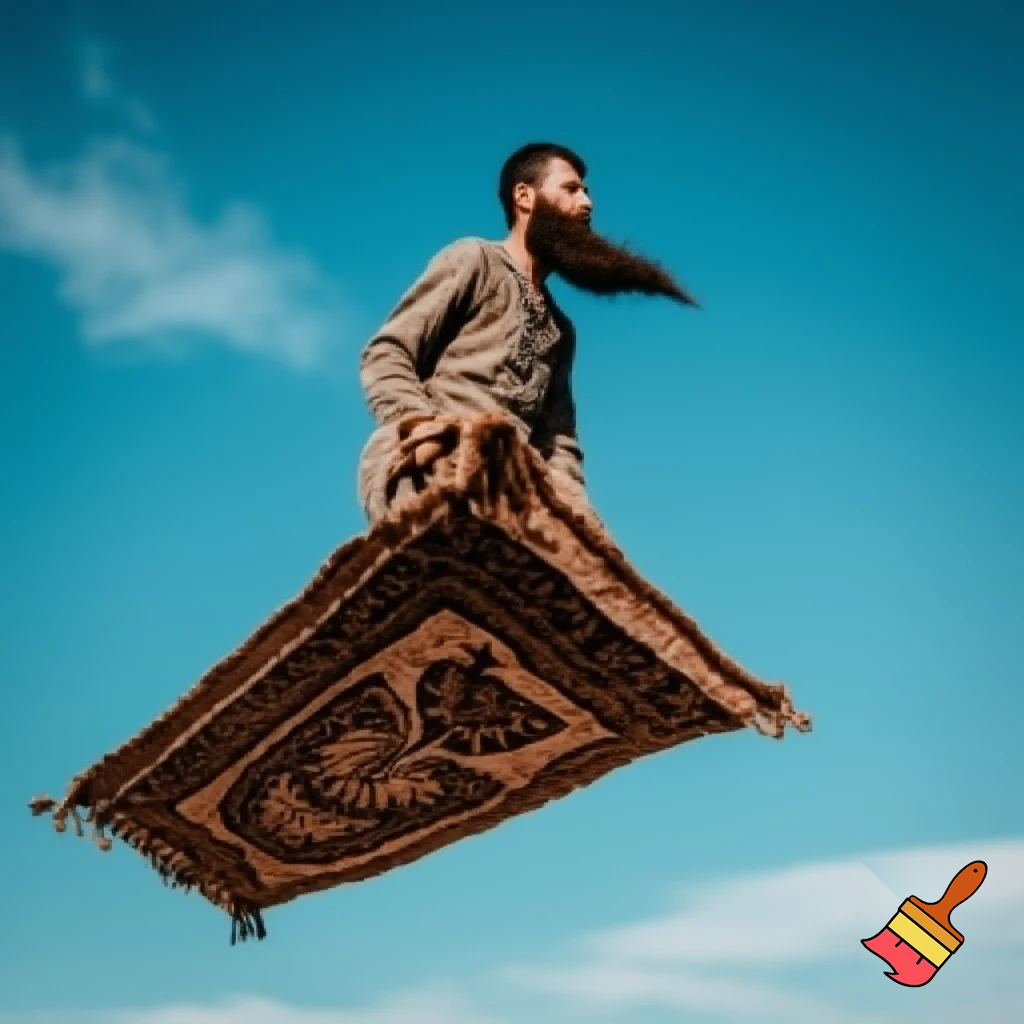 Guy with big beard flying on a carpet in the sky