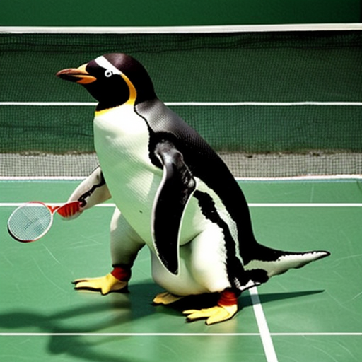 make me a picture of a penguin playing badminton with a shark
