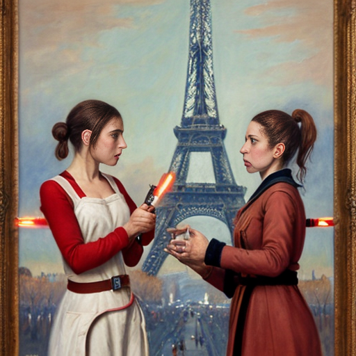create an image of 2 french painters fighting with bagettes as if they were lightsabers outside of the eifell tower