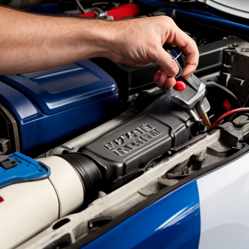 Erstelle ein Logo mit einem weißem Hintergrund. Es soll ein rotes Auto zusehen sein. Rechts daneben steht ein Mechaniker in blau gekleidet und einem Schraubenschlüssel in der Hand.