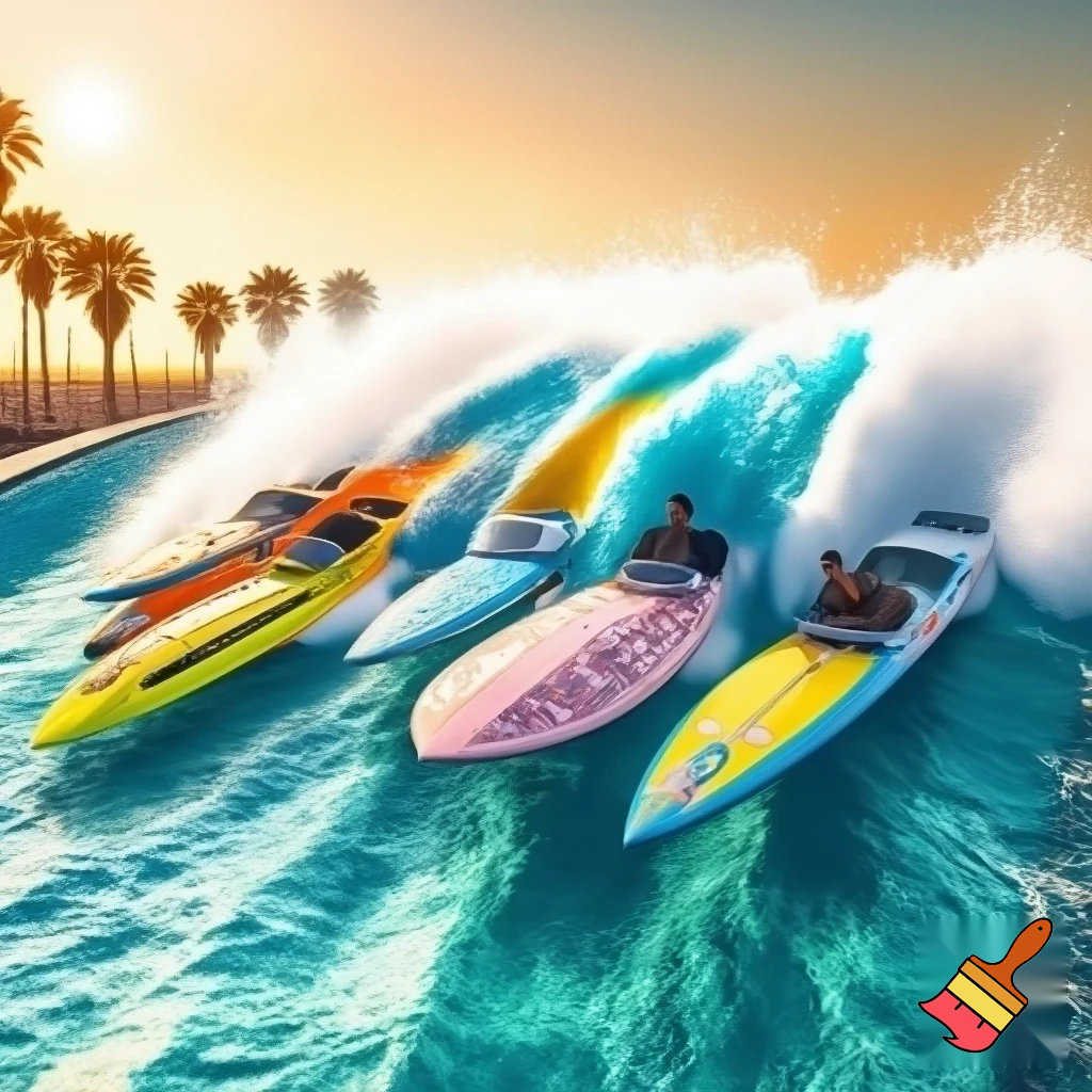 Create a river splash ride and make the boats look like different color surfboards with a Malibu vibe