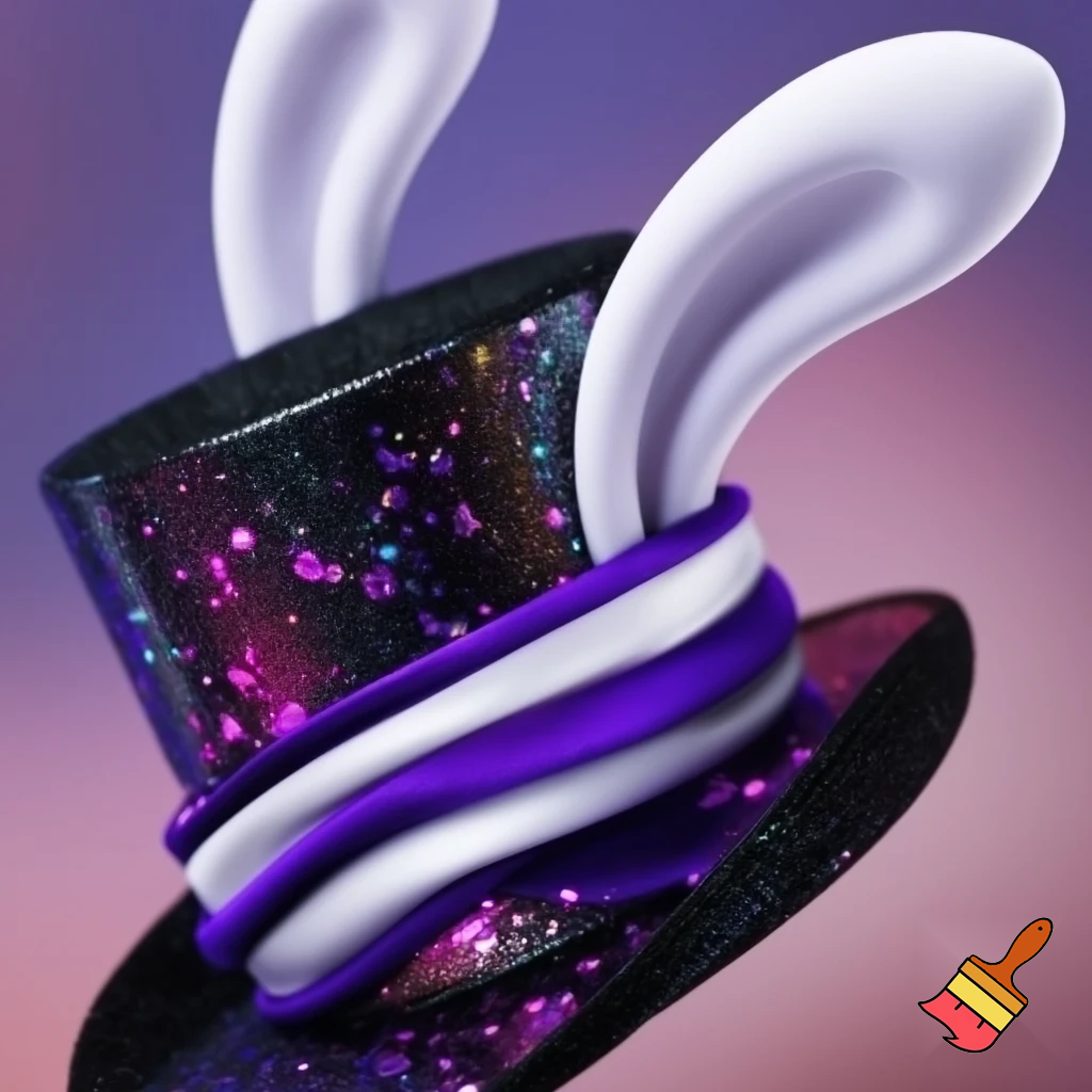 Black top hat with bunny ears velvet white and purple purple and white headband fabric and velvet glitter, purple and pink
