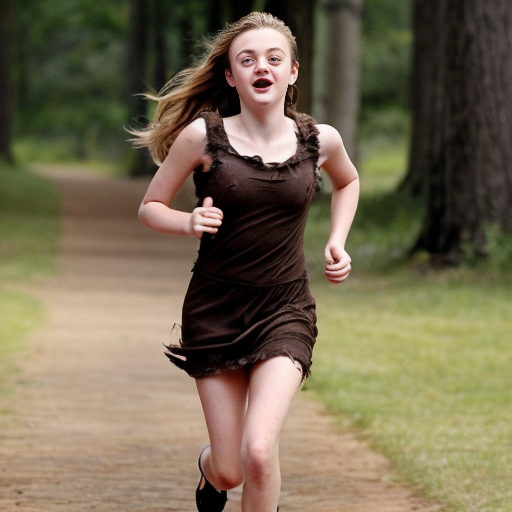Dakota Fanning, young actress, her dress is torn, she is running through a wood, her breast is exposed, her sister Elle Fanning is running with her, close up shot