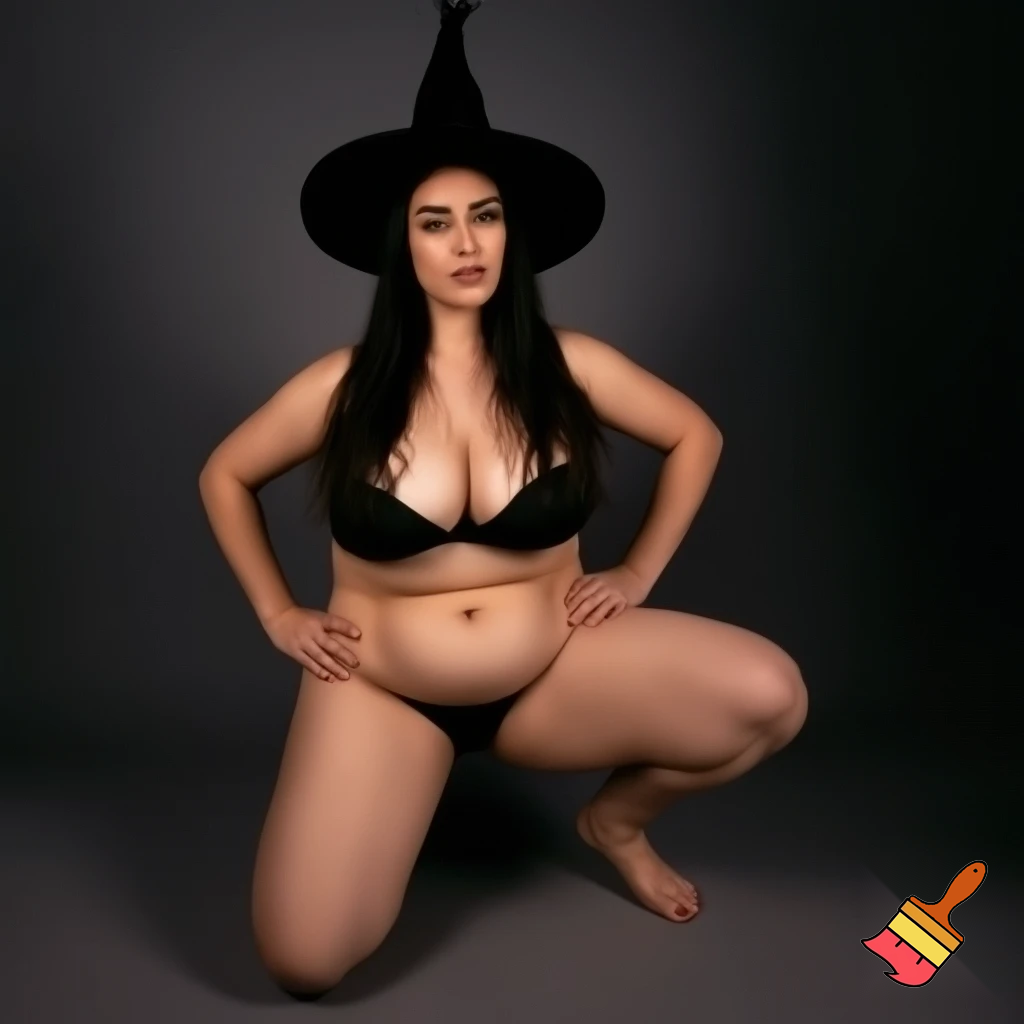 beautiful woman with a witch hat, large breasts, nude, kneeling spreading legs barefoot, navel, large thighs, large nipples