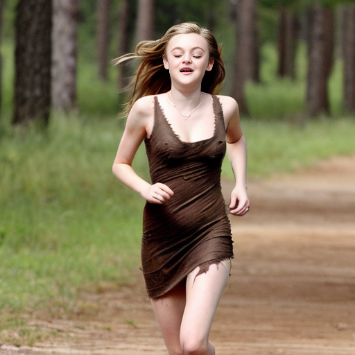Dakota Fanning, actress, her dress is torn, she is running through a wood, her breast is exposed, 