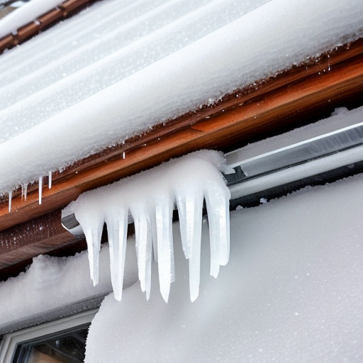 Create a realistic image (Working from the previous) looking up at the edge of a building with a low sloped curved roof that has snow accumulation on the roof surface. Show that the roof has a tube style snow retention barrier fastened along the roof edge above the gutter that is mostly covered with accumulated snow on the roof surface. The snow accumulation on the roof should cover and overhang the roof edge gutter, with icicles forming out of the base of the overhanging snow. 