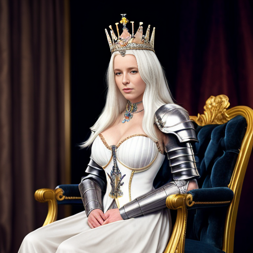 Tall, white-haired Queen of Poland in armor sitting on a throne