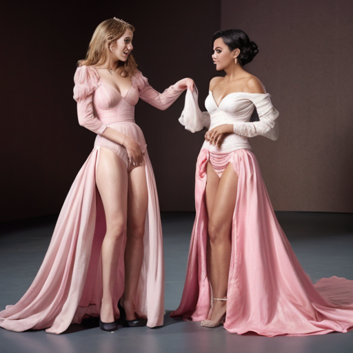 cinderella in a pink gown, having her dress ripped apart by two elegant women in untouched gowns. full body view. The two elegant women are enviously tearing pieces of the pink gown off. The bodice of the pink gown has a large tear, a sleeve is missing, and there are multiple significantly large tears in the skirt. Both jelouse women are currently ripping a piece of the skirt off.