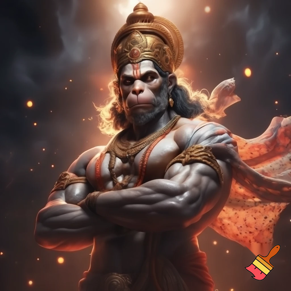 Lord Hanuman standing with a powerful and majestic posture, arms crossed, muscular divine body, stone-like skin texture with sacred markings, wearing golden royal crown and jewelry, flowing patterned shawl in the wind, fierce and heroic expression, detailed fur texture, cinematic dramatic lighting, dark stormy background with glowing embers floating in the air, mythological fantasy art style, extremely detailed, sharp focus, Unreal Engine render, subsurface scattering, rim light, God rays, volumetric glow, 8k, ultra high resolution, wallpaper composition

Negative prompt: low resolution, blurry, flat shading, cartoonish, distorted face, extra limbs, watermark, text, logo, noise, bad anatomy
