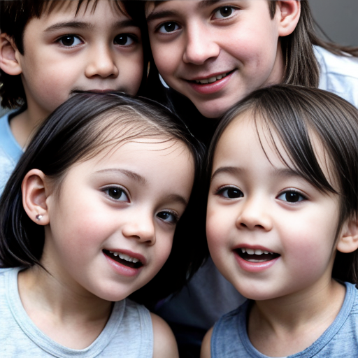 generate a family photo of  6 kids. generate 1 set of triplet boys that are two years old with black hair. generate another set of girl triplets that are 16 with black hair and generate all of them togteher in a family photo 6 kids