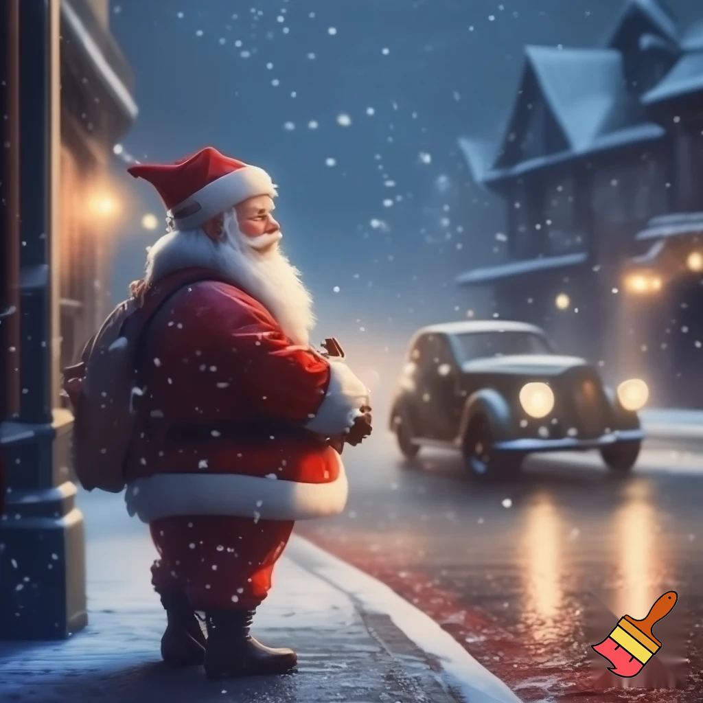 draw me a Santa Claud  with a hat waiting for the car to pass the street