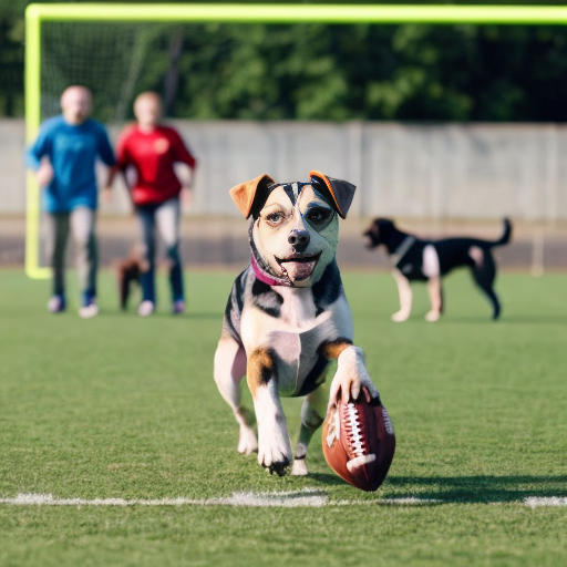 generate a picture of a cute dog playing football with other dogs