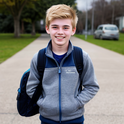 16 years old boy with blond hair, blue eys but a very small figure, he is not taller than a 4 years old boy. He is wearing a grey fleece jacket  with open zip and a blue tshirt, short jeans and a blue school backpack looking real. He is smiling and on the way home from school
