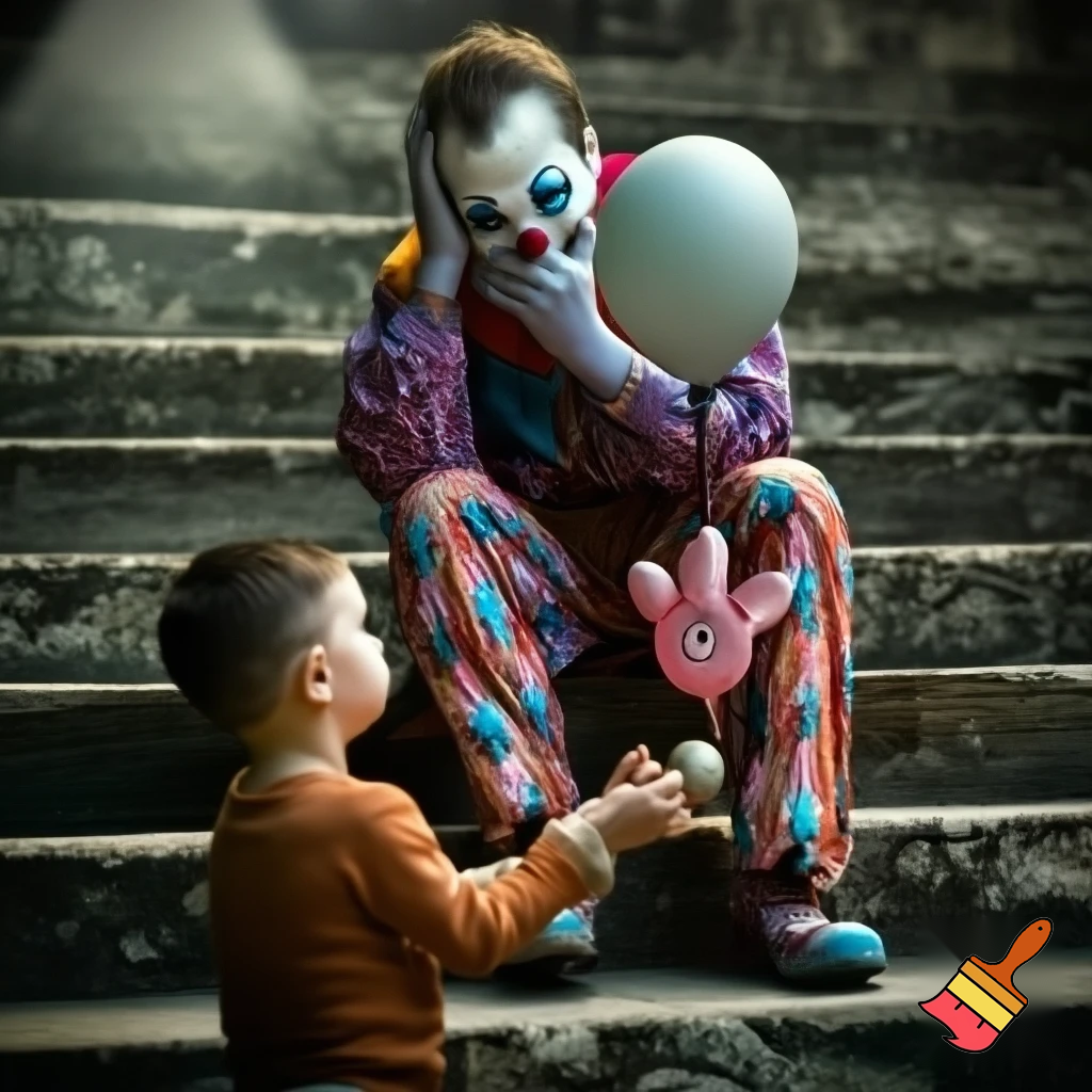 A heartbroken clown sits on an old stone staircase, holding his face with one hand. He wears a vividly decorated, brightly colored costume, full of patterns, with slight wrinkles from wear. In front of him, a young child looks at him, gently offering a ball with one hand while holding a rabbit-shaped balloon in the other hand, near the clown’s. The scene is bathed in soft natural light, creating a calm and melancholic atmosphere, with cinematic depth, detailed textures, and a tender emotional connection between the clown and the child. The image is ultra-realistic, 4k, with full cinematic style