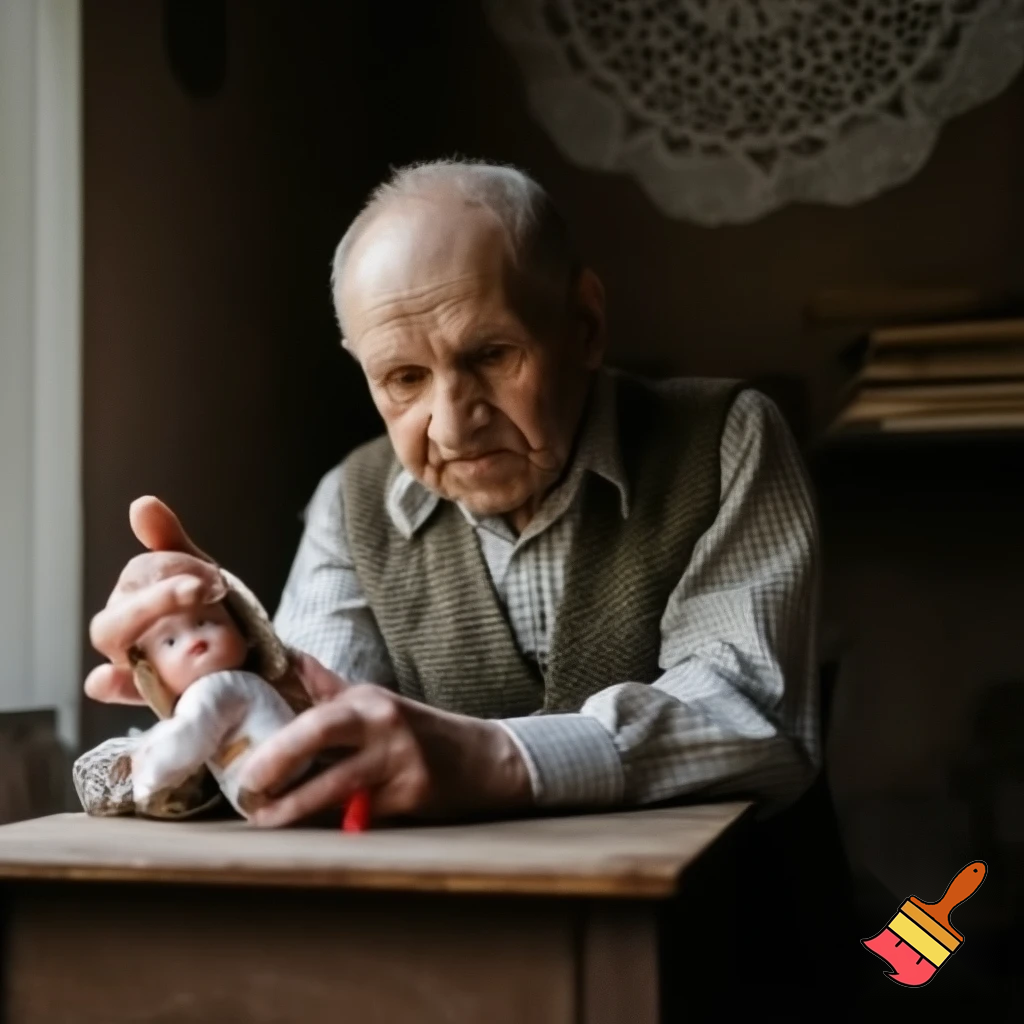 A realistic photograph of an elderly man sitting at a small wooden table, gently repairing a broken doll.
The scene looks natural and lifelike, with soft daylight coming from a nearby window.
The man’s face is warm and kind, with detailed wrinkles and calm eyes.
The background shows a simple cozy room with a nostalgic atmosphere.
Realistic lighting and natural colors.