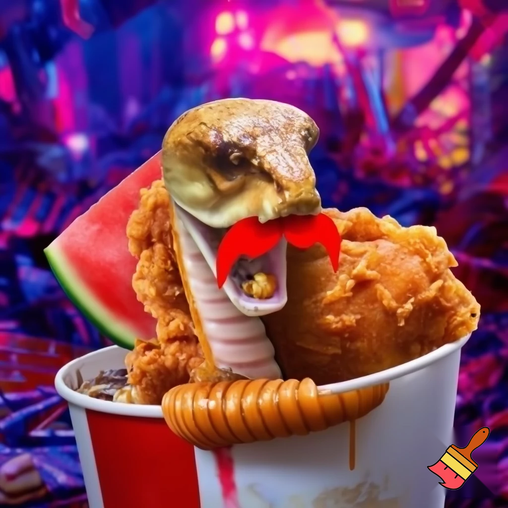 snake with human head eating KFC and watermelon drinking koolaid
