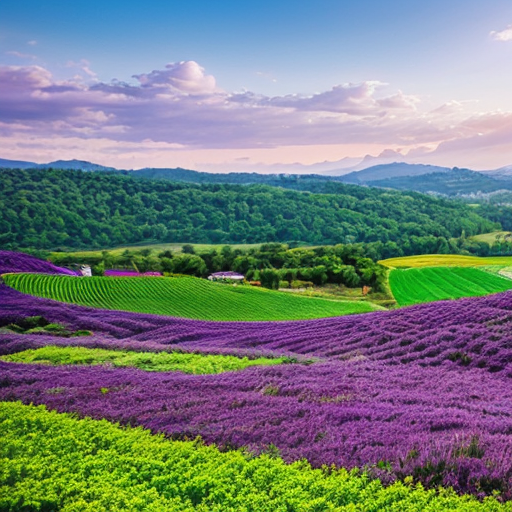 Hills of  purple and green fields and pink and purple flowers




