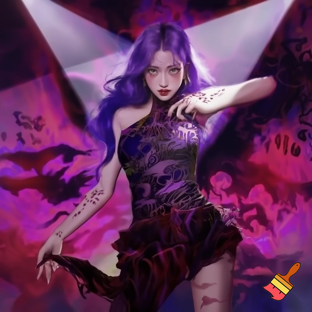 
the purple-haired lead singer of the K-pop girl group HUNTR/X in the movie KPop Demon Hunters, a "pop-star royalty" who secretly leads a team of demon hunters that use their music to fight supernatural evil. She is a human-demon hybrid, born with demonic heritage, a secret she keeps from her fans and sometimes her teammates. Rumi's struggle is to balance her idol life with her demon-hunter duties, reconciling her dual nature and the markings that appear on her skin. 