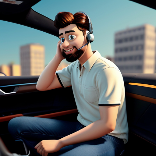 Pixar-style 3D cartoon, young Muslim man, 20 years old, beard, black jeans, white shirt, sitting in a car, holding phone to his ear, answering a call, relaxed pose, cartoon face with big expressive eyes, city visible through car windows in the background, bright friendly colors, cinematic lighting, simple cartoon style