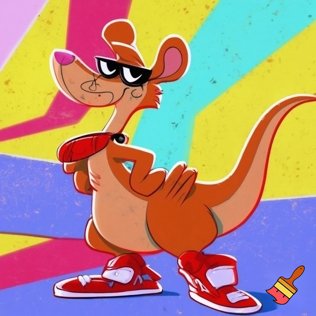 Cartoon cool red male kangaroo wearing red sneakers, standing on his tail, smiling, a dog collar, big eyes 90’s nickelodeon