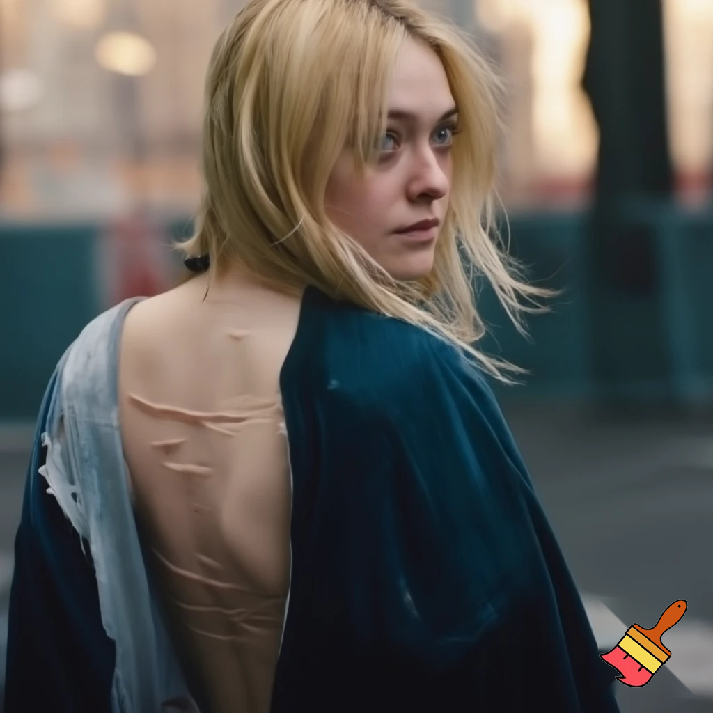 Dakota Fanning, various poses, torn clothes, street scene, close up shot, breast exposed, walking away looking over her shoulder 