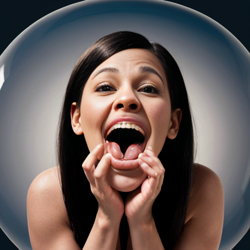 Actress Nia Long a long hair as a spherical shape inflated like a balloon a gigantic rounded chocolate ball body overinflated Her body is exaggeratedly rounded, forming a sphere, with no visible definition of limbs. she was being eaten and ripped by the giant human mouth of the mouth background giant white human face male mouth her body inside the giant mouth being eaten, biting and ripped and devoured by a giant human mouth background . The style is surreal and comedic, with a digital or graphic manipulation aesthetic. The lighting is even and diffused, casting no strong shadows. The image is presented from a slightly high-angle perspective, emphasizing the exaggerated spherical form.