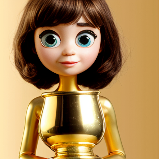 the emotion proud one person gold holding trophy Pixar cartoon style gold skin big eyes 